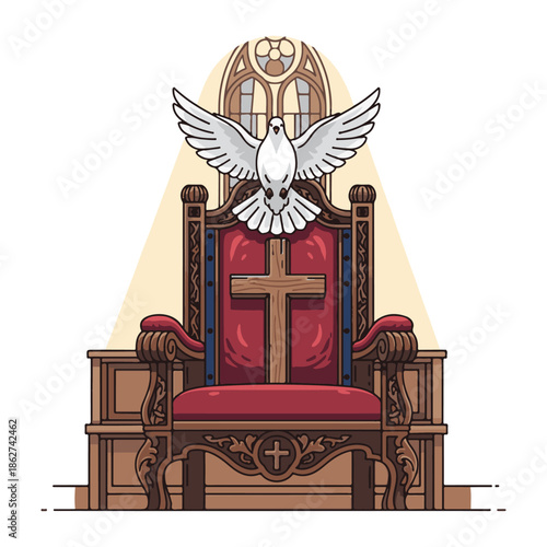 Elegant scarlet red altar chair beside radiant cross and olive dove, candle glow, ideal for Catholic logos, prayer invitations, and spiritual ministry designs.