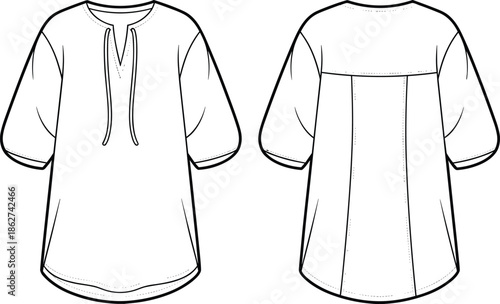Women tunic dress technical flat vector illustration front and back view cad drawing apparel design template fashion garment specification