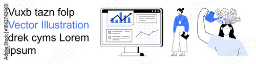 Business analytics, personal development, creativity, professional growth, self-improvement, teamwork. Graphs on a desktop, person holding a notepad another pouring water over their head. Business
