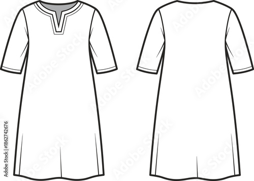 Women tunic dress technical flat vector illustration, front back view notch neckline apparel CAD drawing fashion template outline production sketch