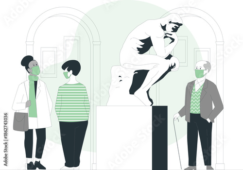 A doctor, patient, and businessman observe a statue on display in a gallery from different viewpoints