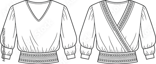 Women wrap blouse technical flat vector illustration, front back view V neck long sleeve top CAD fashion line art design