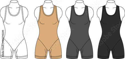 Vector illustration of men wearing wrestling singlets, athletic bodysuit mockup set, isolated sport clothing design template in white, beige, grey, black