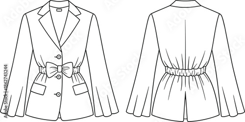 Womens belted blazer jacket technical fashion flat sketch front and back view long sleeve tailored apparel vector cad illustration design