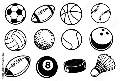 Hand drawn line art sports equipment set featuring various athletic balls and accessories for recreation