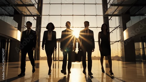 Silhouette of a diverse business team walking confidently towards the camera in a modern glass office building lobby at sunset