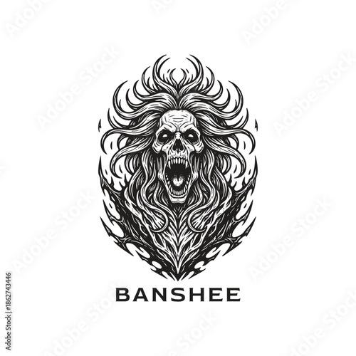 Dark fantasy engraving of a screaming banshee ghost with long flowing hair and a skeletal face