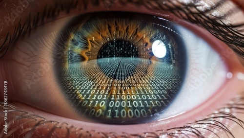 Digital Eye with Binary Code Reflection Technology Data Vision. Concept featuring eye, binary code, digital, technology, reflection.