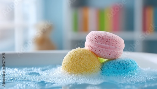 Colorful sponges in soapy water