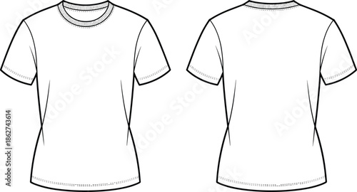 ]Vector illustration of women's basic crew neck t-shirt with short sleeves, front and back technical fashion flat sketch design template. (20 words)