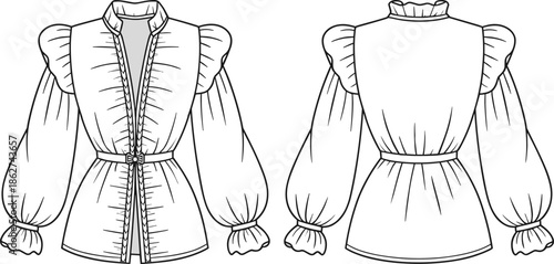 Womens ruffled puff sleeve blouse technical fashion flat sketch front and back view belted detailed apparel vector cad illustration