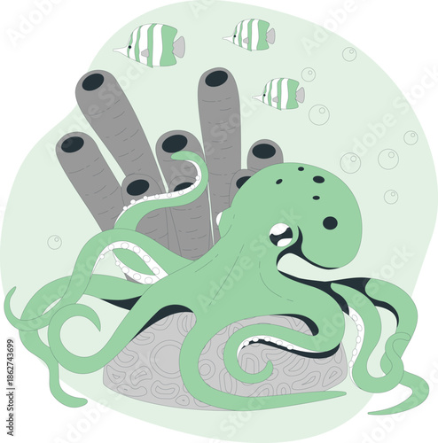 Octopus emerging from underwater rocky crevice with fish swimming nearby