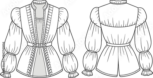 Womens ornate puff sleeve blouse technical fashion flat sketch front and back view belted ruffled detailed apparel vector cad illustration