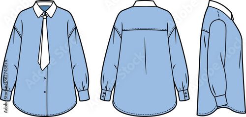 Womens tie neck blouse technical fashion flat sketch front back and side view long sleeve collared shirt apparel vector cad illustration