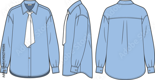 Womens tie neck shirt technical fashion flat sketch front back and side view long sleeve collared apparel vector cad illustration