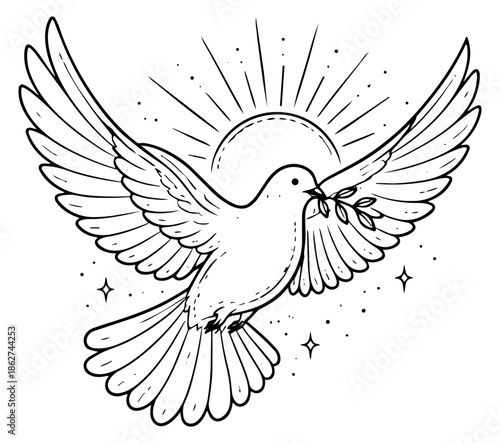 Hand drawn line art illustration of a dove depicting flying with an olive branch and a sunburst for peace and hope
