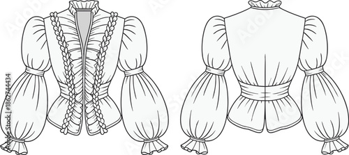 Womens vintage puff sleeve blouse technical fashion flat sketch front and back view ruffled detailed apparel vector cad illustration