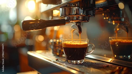 Coffee machine pouring rich espresso into a clear glass cup on a steel surface.