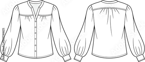 Womens yoke detail blouse technical fashion flat sketch front and back view long sleeve gathered cuff apparel vector cad illustration