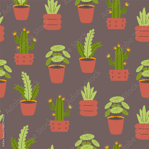 Seamless pattern with cute potted plants and cacti on brown background. Indoor houseplants vector