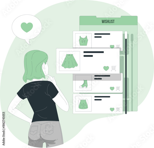 Woman browsing through a digital wishlist on a device with clothing items and heart icons displayed