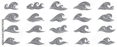 Ocean waves icon set. Sea storm wave isolated collection. Water wave elements in linear style. Nature ocean wave illustration