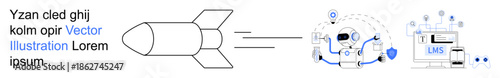 Technology progress, innovation, AI, education, LMS, data visualization. A rocket moving towards icons AI and LMS. Advancing technology and education illustrated visually