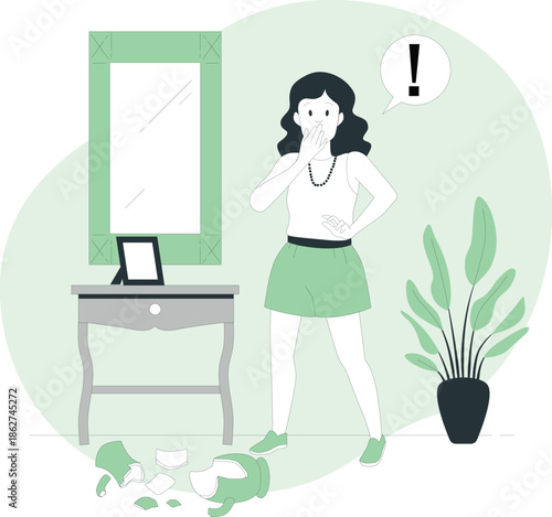 A woman standing in a room with a shocked expression surrounded by broken objects and a potted plant