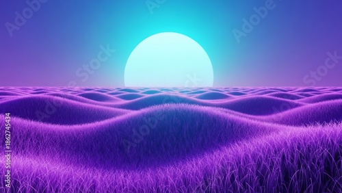 Vibrant Purple Landscape with Sun Sunset Digital Art Vibrant Colors. Concept featuring landscape, purple, sunset, digital art, vibrant colors.