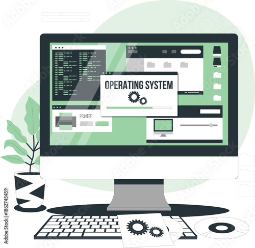Computer monitor displaying operating system interface with keyboard and workspace