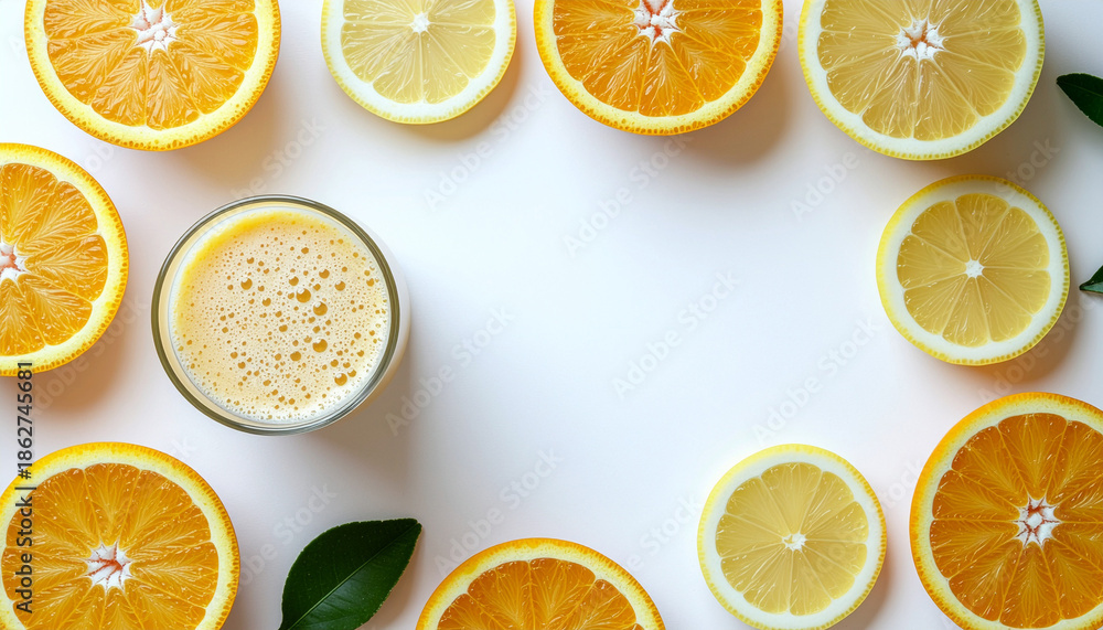 Obraz premium Top view flat lay of citrus smoothie with orange and lemon slices, clean white background, clinical hydration and nutrition concept, minimal hospital style, soft natural light, no people, no text