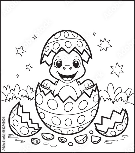 Easter day coloring page for kids, Cute baby dinosaur growing from egg in nature black outline vector elements for holiday design