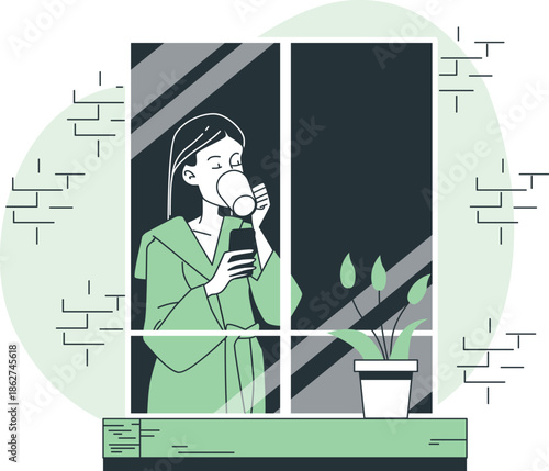 A woman relaxing with a cup of coffee beside a potted plant on a windowsill