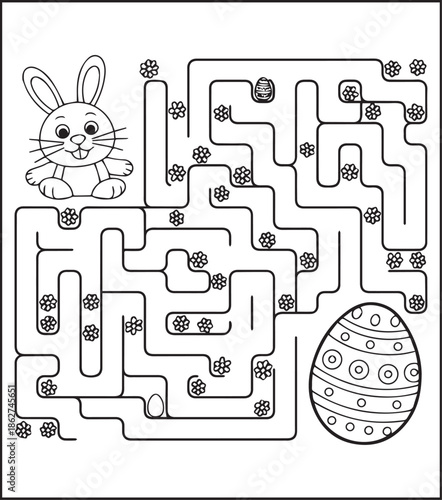 Easter day coloring page for kids, Cute bunny and egg with maze game shape black outline vector elements for holiday design