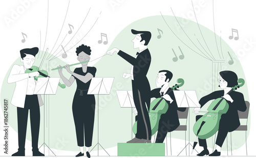 Conductor leads musicians in a symphony orchestra performance on stage with various instruments