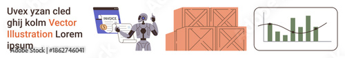 Automation, logistics, data analysis, robotics, supply chain, business automation. A robot analyzing an invoice, wooden boxes and a bar graph. Automation and logistics concept