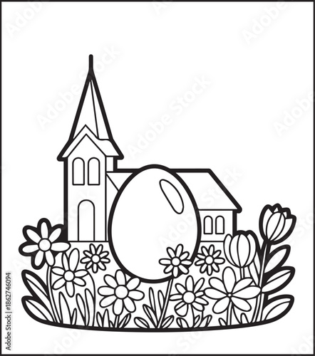 Easter day coloring page for kids, Cute easter egg and magical house flower garden black outline vector elements for holiday design