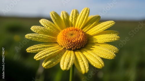 Close-Up of Dewy Yellow Flower Nature Petals Sunlight. Concept featuring flower, yellow, nature, dew, close-up.
