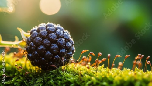 Fresh Blackberry on Moss with Dew Drops Nature Fruit Close-Up. Concept featuring blackberry, moss, dew drops, nature, fruit.