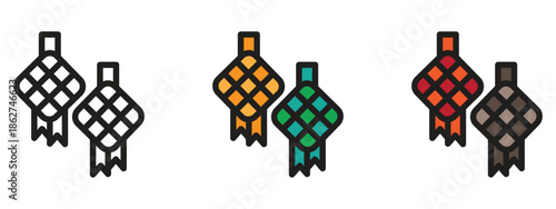 Collection of traditional ketupat rice dumpling icons in different artistic styles