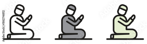Muslim man praying in various icon styles depicting traditional islamic devotion