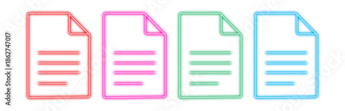 set of four colorful neon document icons representing paper files with text lines isolated on a white background for various digital and design applications