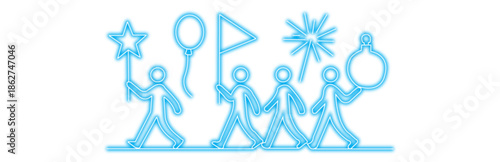 A group of stick figures in a celebratory parade holding a star wand, balloon, flag, firework, and bauble, with neon blue glowing outlines isolated on a transparent background