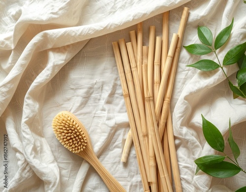 A neatly arranged flat lay of bamboo straws and a cleaning brush on a white fabric with green leaves