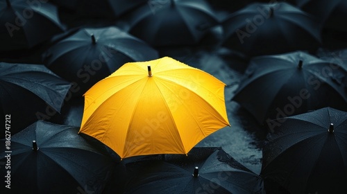 Yellow umbrella amidst dark umbrellas