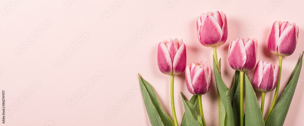 Fototapeta premium Pink tulips arranged elegantly on a soft backdrop make for a beautiful and fitting image to use on spring celebration and commemorative flower cards
