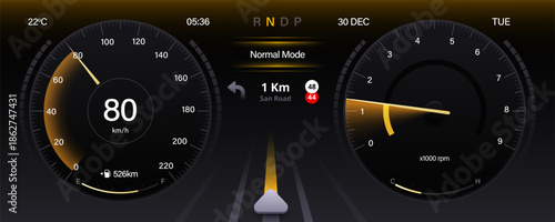 Auto dashboard with gauge of speed, tachometer, odometer. Digital dashboard interface showing speed navigation and engine data ui