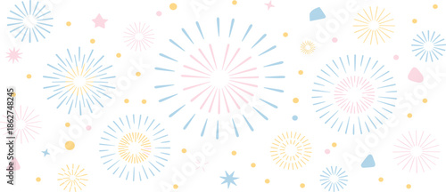 Minimalist pastel firework display with hand drawn starbursts and soft colorful confetti dots