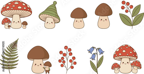 Cute Forest Mushroom Illustration Set with Kawaii Toadstools, Berries and Leaves Showing Whimsical Woodland Nature for Kids, Nursery and Autumn Design