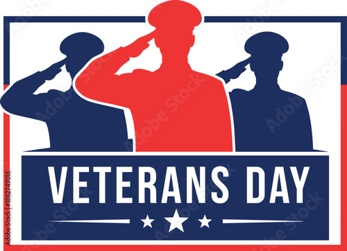 Vector illustration featuring three saluting soldier silhouettes in red and blue for Veterans Day patriotic military honor tributes